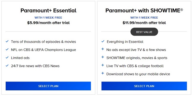 Select Paramount+ Plan
