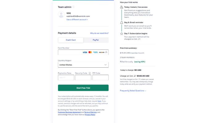 grammarly trial payment